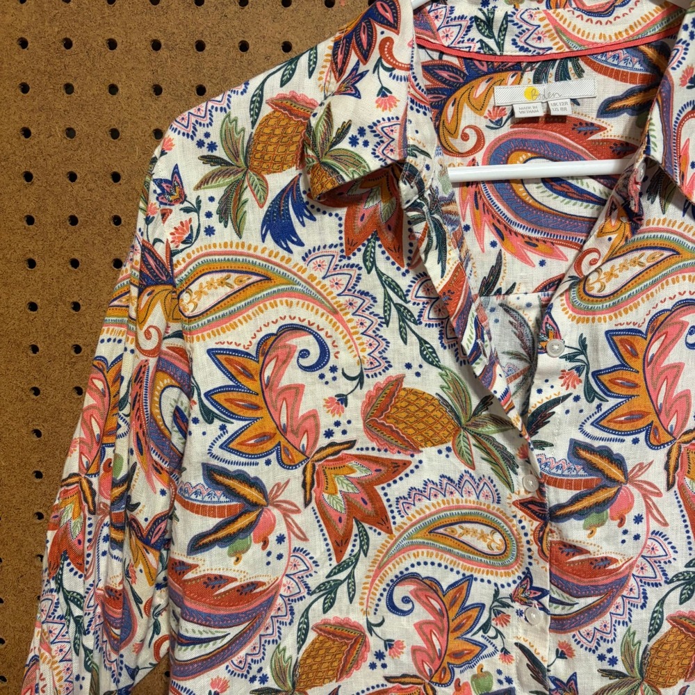 Boden Linen Button Down Shirt 8 White Orange Paisley Pineapple Tropical Sienna - Picture 2 of 6
